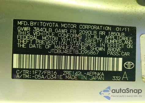 2011 Toyota Corolla Le z USA, uszkodzony, nr VIN JTDBU4EE1BJ095867